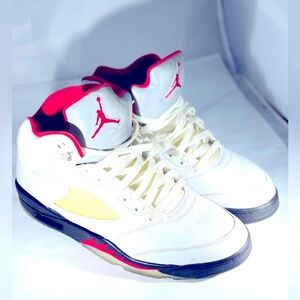 Jordan Men's White and Red Sneakers with Yellow Accents